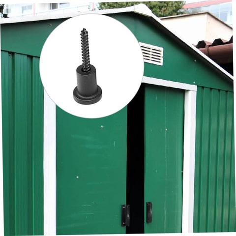 Green outdoor storage shed with focus on screw fitting for sliding barn door track hardware kit with wall spacers and connectors