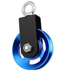Beefy Aluminum Cable Pulley Wheel Set With Hanging Strap And Snap Hook, 3.5 Inch Snatch Block Rotates 360 Degrees, Heavy Duty Home Gym And DIY Pulley System, Blue, hanging