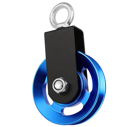 Beefy Aluminum Cable Pulley Wheel Set With Hanging Strap And Snap Hook, 3.5 Inch Snatch Block Rotates 360 Degrees, Heavy Duty Home Gym And DIY Pulley System, Blue, hanging