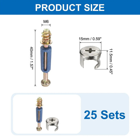 Hardcore 25 Piece Cam Lock Kit With M6 X 40mm Cam Bolts And 15X11.5mm Dowel Pins, showing dimensions and details.
