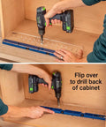 Person using Shelf Pin Drilling Jig For Cabinets And Woodworking With 1/4 Inch And 5mm Self Centering Bits in a cabinet setup