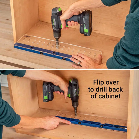 Person using Shelf Pin Drilling Jig For Cabinets And Woodworking With 1/4 Inch And 5mm Self Centering Bits in a cabinet setup