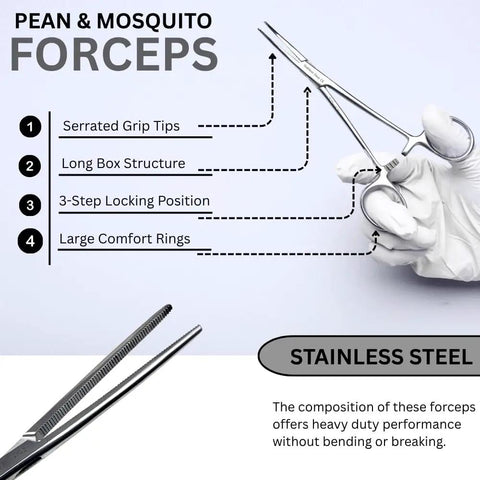 Stainless Steel Hemostat Forceps With Fully Serrated Straight Jaws, Multipurpose Locking Clamps, 10 Inch, Beefy Grip, Heavy Duty, Rust Resistant, Pro Grade Medical Tweezers For Surgical, Lab, And Clinic Use held in gloved hand