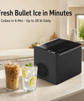 Portable Countertop Ice Maker Slings Nine Swift Bullet Cubes In Six Minutes And Cranks Out Twenty Six Pounds Daily With Silent Running, black design, and drinks.