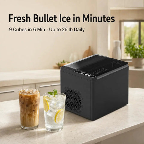 Portable Countertop Ice Maker Slings Nine Swift Bullet Cubes In Six Minutes And Cranks Out Twenty Six Pounds Daily With Silent Running, black design, and drinks.
