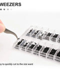 Tweezers picking up a tiny screw from a 630 Pcs Tiny Micro Repair Screw Kit Pocket Sized With 18 Sizes Micro Screws Mini Screwdriver