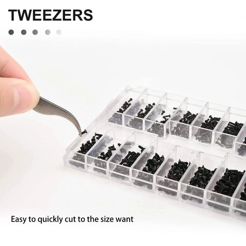 Tweezers picking up a tiny screw from a 630 Pcs Tiny Micro Repair Screw Kit Pocket Sized With 18 Sizes Micro Screws Mini Screwdriver