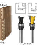 Two Pack One Quarter Inch Shank Dovetail Router Bits With Bearing Guide For Furniture Making And Cabinetry, Black 10 Degree Bit And Yellow Five Eighth Inch Bit For Smooth Dovetail Joints In Woodworking Cutter Tools, showing bit design and joint types