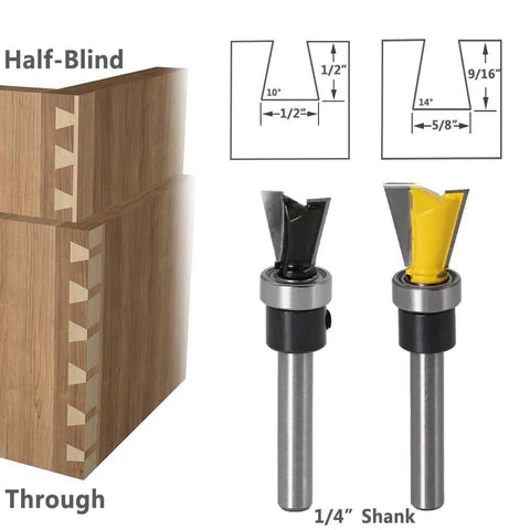 Two Pack One Quarter Inch Shank Dovetail Router Bits With Bearing Guide For Furniture Making And Cabinetry, Black 10 Degree Bit And Yellow Five Eighth Inch Bit For Smooth Dovetail Joints In Woodworking Cutter Tools, showing bit design and joint types