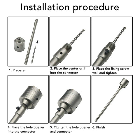 Heavy Duty Generic Concrete Hole Saw Kit With Tungsten Steel Blades For Drilling Big Holes In Brick Cement Stone And Wall Installations Efficiently, assembly steps