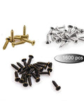 1600 Pc Heavy Duty Mini Screws 2.5 X 6 8 10 mm Phillips Flat Head Self Tapping Hardware in gold, black, and silver.