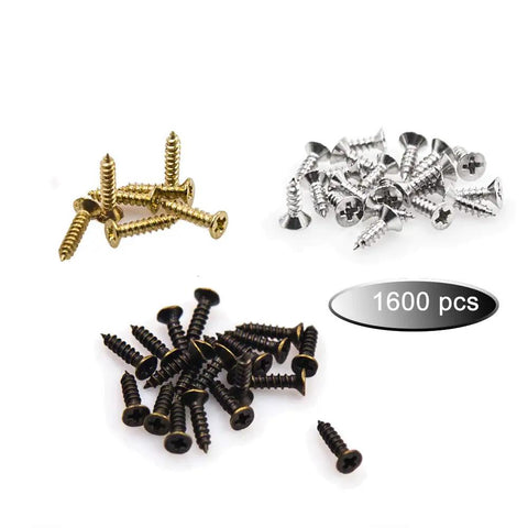 1600 Pc Heavy Duty Mini Screws 2.5 X 6 8 10 mm Phillips Flat Head Self Tapping Hardware in gold, black, and silver.