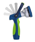 Beefy All Metal Heavy Duty Fireman Style Garden Hose Nozzle with Ergonomic On Off Handle, shown with adjustable spray settings.