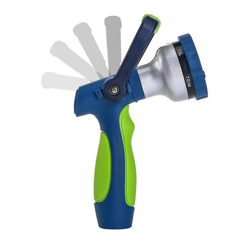 Beefy All Metal Heavy Duty Fireman Style Garden Hose Nozzle with Ergonomic On Off Handle, shown with adjustable spray settings.
