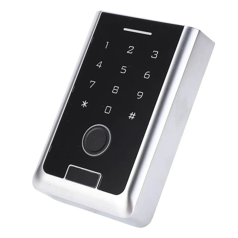Top Shelf Outdoor Smart Fingerprint Keypad Door Access Controller With Rfid Card Swipe And Mobile App Remote Unlock close-up view with numeric keypad.