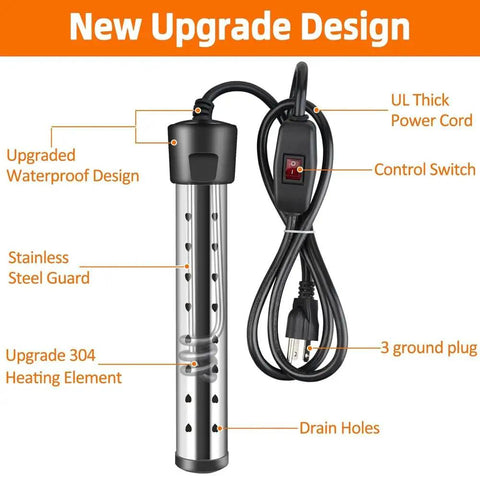 Submersible Water Heater 1500W Portable Tankless Immersion System with upgraded waterproof design and stainless steel guard.