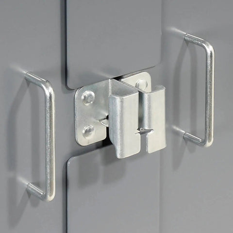 Close view of secure lock hasp for Top Tier Deep Door Bin Cabinet loaded with 156 red plastic storage totes, heavy duty design.