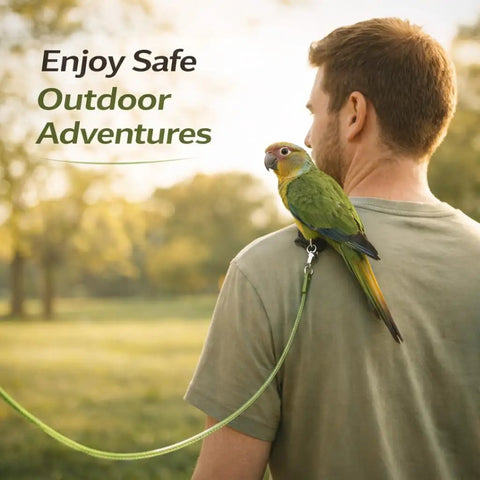 Bird Harness Leash For Parrots With Anti Bite Outdoor Flying Training Rope on a man's shoulder in park