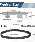 Diagram and photo of 4 Pack 90XL Timing Belt 0.25 Inch Width 0.20 Inch Pitch 45 Teeth Rubber Cogged Belt With Fiberglass Cords