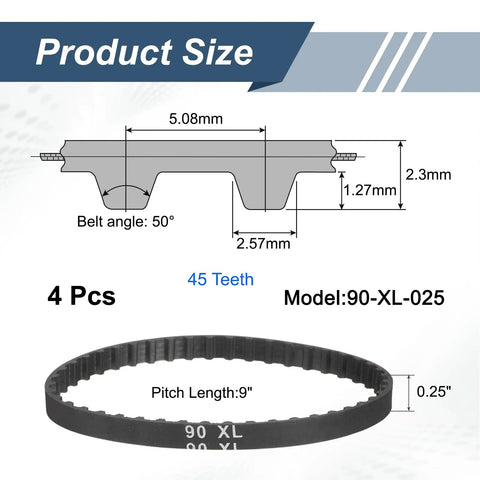 Diagram and photo of 4 Pack 90XL Timing Belt 0.25 Inch Width 0.20 Inch Pitch 45 Teeth Rubber Cogged Belt With Fiberglass Cords
