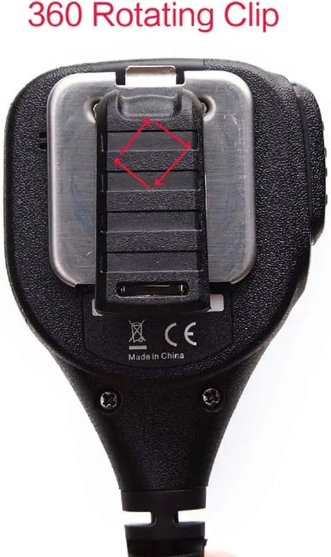 Back view of Go-To Handheld Microphone Speaker With PTT For Walkie Talkies TH-47 featuring 360 rotating stainless steel clip.