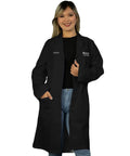 Model wearing Personalized Black Lab Coat For Men And Women, Unisex Medical Lab Coat With Embroidery, 40 Inch Executive Length.