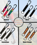 Image of 3 Pack Carabiners With Paracord Strap For Keys And Small Gear Black Metal Key Ring Keychain Hook D Locking Keyring in four colors: rainbow, black, camouflage, and black-orange.