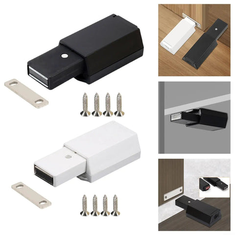 Push To Open Cabinet Catch With 25 Lbs Magnetic Hold shown in black and white with screws and mounting plates