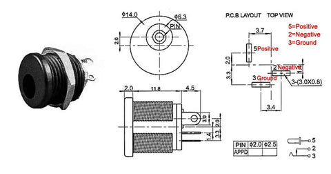 Professional Grade 10 Pack 5.5Mm X 2.1Mm 3 Pin Female DC Power Jack Panel Mount Socket with dimensions and layout