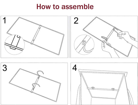Assembly steps for Hanging Purse Organizer With 10 Pockets Grab And Go Nonwoven Closet Storage Bag with hooks and frame.