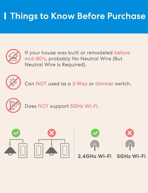 Informational image about Smart Light Switch With HomeKit Siri Alexa Google Assistant And SmartThings 2.4Ghz Wi Fi Neutral Wire Required