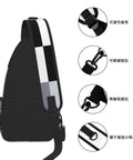 Unisex Black And White Piano Key Grid Print Fanny Pack Adjustable Crossbody Chest Bag side view with adjustable strap and clips.