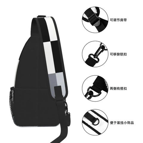 Unisex Black And White Piano Key Grid Print Fanny Pack Adjustable Crossbody Chest Bag side view with adjustable strap and clips.