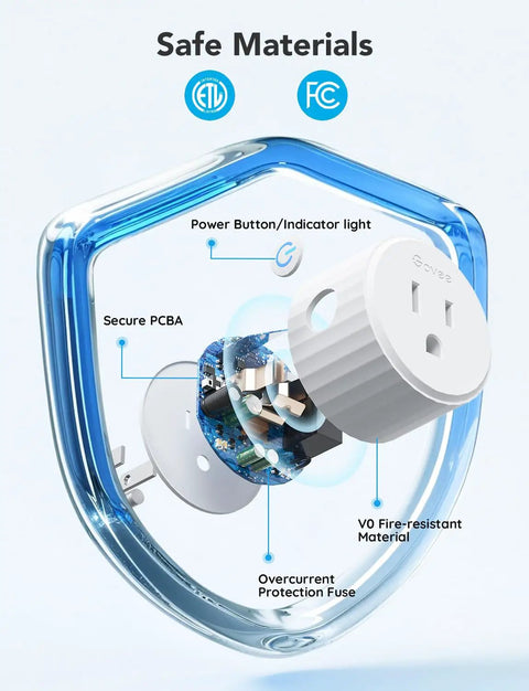 Exploded view of 4 Pack Smart Plugs With Bluetooth Or WiFi Stability, showing components like PCBA and protection fuse inside a shield.