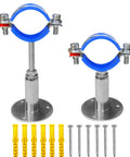 Front view: two stainless steel pipe clamp hangers with blue circular rings on threaded rods and flange bases, with screws and yellow wall anchors.