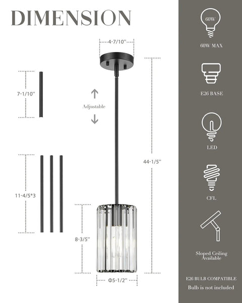 Four-Tier Crystal Chandelier In Matte Black, Modern 3-Light Pendant dimensions and features illustration.