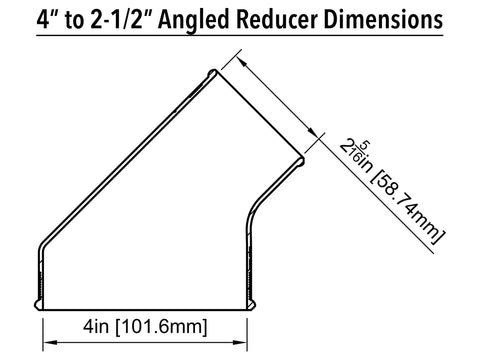Diagram of 4 Inch To 2.5 Inch Angled Reducer dimensions, showing tapered design for dust collection system.