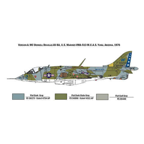 Side view of 1:72 AV8A Harrier Model Kit Unbuilt Plastic Aircraft Build Set For Scale Builders Featuring Dope Detailed Twin Engine Jet Bubble Glass Cockpit Double Tailfin Assembly Required Glue And Paint Not Included Diorama Ready with color scheme.