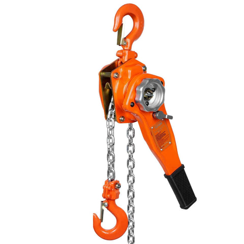 Manual Lever Chain Hoist 0.75 Ton 1650 Lbs 10 Ft Come Along Weston Double Pawl Brake with 360 Degree Hook in orange and steel