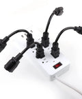 Four black Eight Inch Short Power Extension Cord Outlet Saver Bang For Your Buck Must Have For Any Setup 3 Prong Grounded 16AWG 125V 13A SJTW Thermoplastic Indoor And Outdoor Use ETL Listed Black 4 Pack connected to power strip.