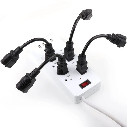 Four black Eight Inch Short Power Extension Cord Outlet Saver Bang For Your Buck Must Have For Any Setup 3 Prong Grounded 16AWG 125V 13A SJTW Thermoplastic Indoor And Outdoor Use ETL Listed Black 4 Pack connected to power strip.