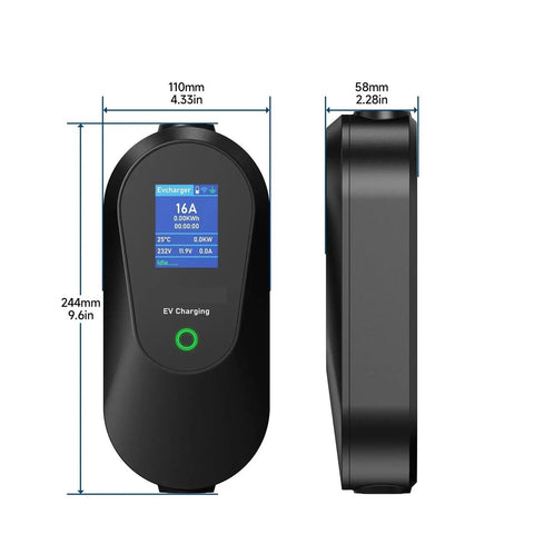 Slick Grab And Go Ev Charger With 3600W Fast Charge, portable design, front display, dimensions shown, electric vehicle charging.