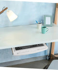 Pull Out Keyboard Tray Under Desk Smooth Glide Setup For Home Office Ergonomic Abs Platform that Holds Heavy Typing Loads, shown under a sleek white desk.