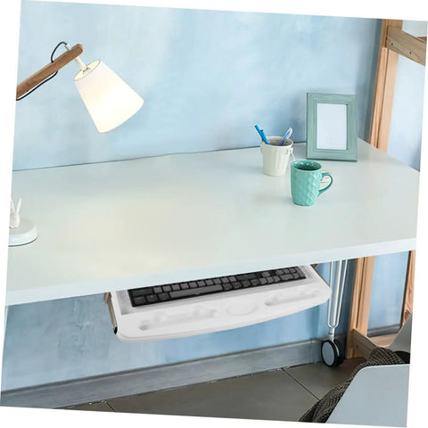 Pull Out Keyboard Tray Under Desk Smooth Glide Setup For Home Office Ergonomic Abs Platform that Holds Heavy Typing Loads, shown under a sleek white desk.