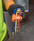 Long Ball End Hex Key Wrench Set With SAE And Metric, L Style, color-coded, in hand, 19 Piece Kit Spanning 3/32 To 3/8 Inches