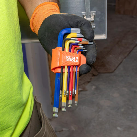 Long Ball End Hex Key Wrench Set With SAE And Metric, L Style, color-coded, in hand, 19 Piece Kit Spanning 3/32 To 3/8 Inches