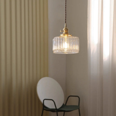 Vintage Glass Pendant Light With Brass Socket And On Off Switch, Green Striped Shade For Kitchen Island And Farmhouse Living Room, Transparent Retro Glass Fixture With Warm Ambient Lighting