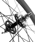 Close-up of hub and spokes on Fixed Gear 700C Carbon Fiber Clincher Wheel, 88mm Rear Only, ultra lightweight aero build