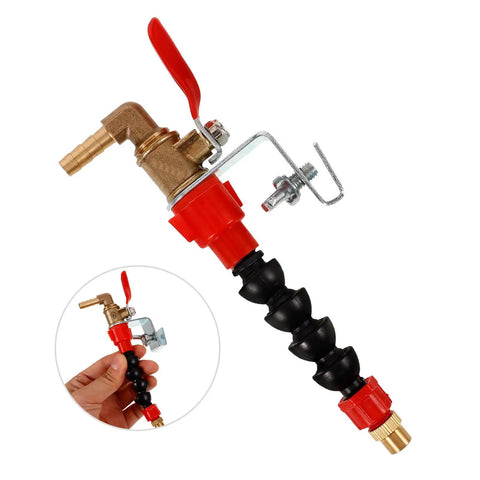 Built Right Angle Grinder Water Sprayer Nozzle Stainless Steel Coolant Kit For Zero Hassle Dust Cleanup And Smooth Marble Cutting Killer Mist Head Accessory with flexible black tube and red fittings.