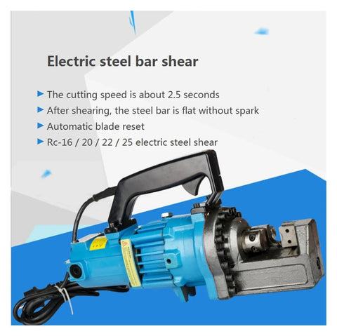 Fast Portable Electric Hydraulic Rebar Cutter 4-25mm Steel Bar Shears With Smooth Spark-Free Cuts In Just Seconds showing blue electric shear with automatic reset feature.